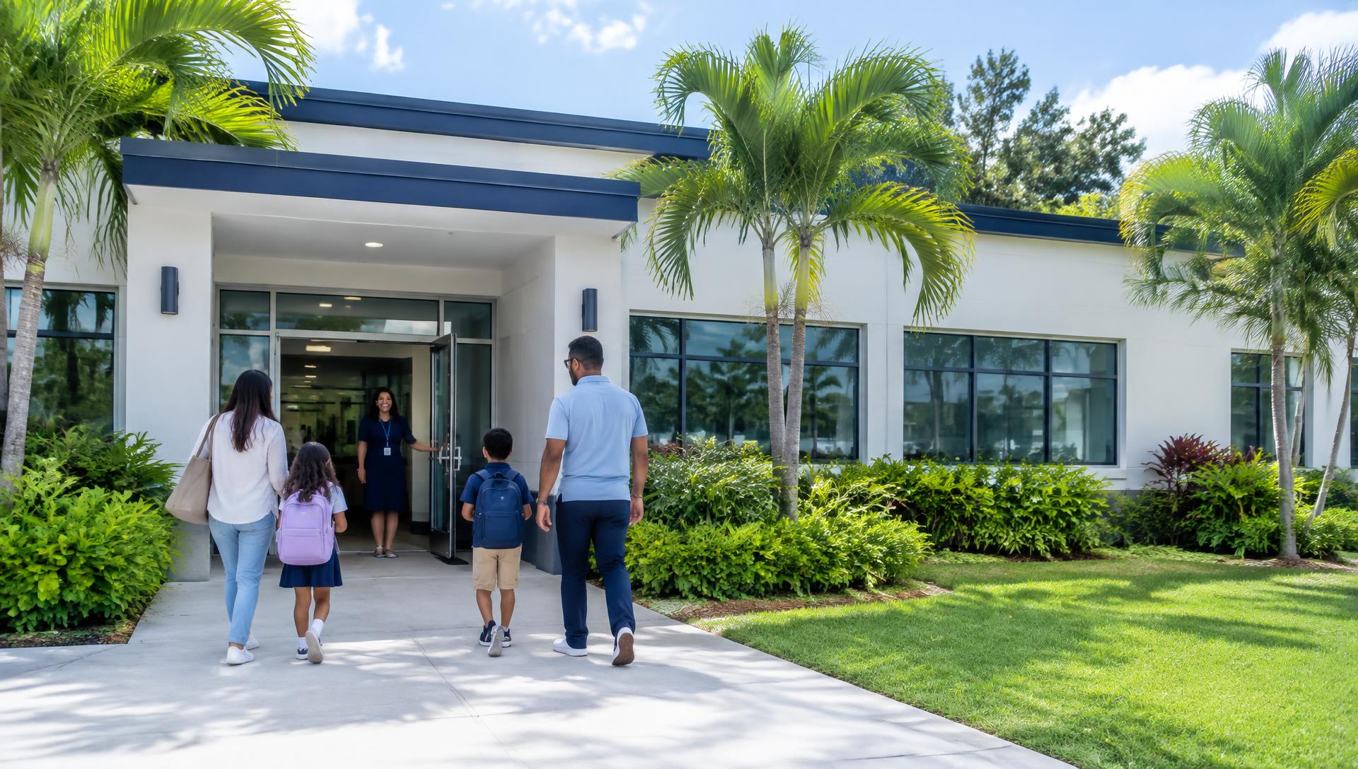 Families, students, and teachers welcoming one another at Westbrook